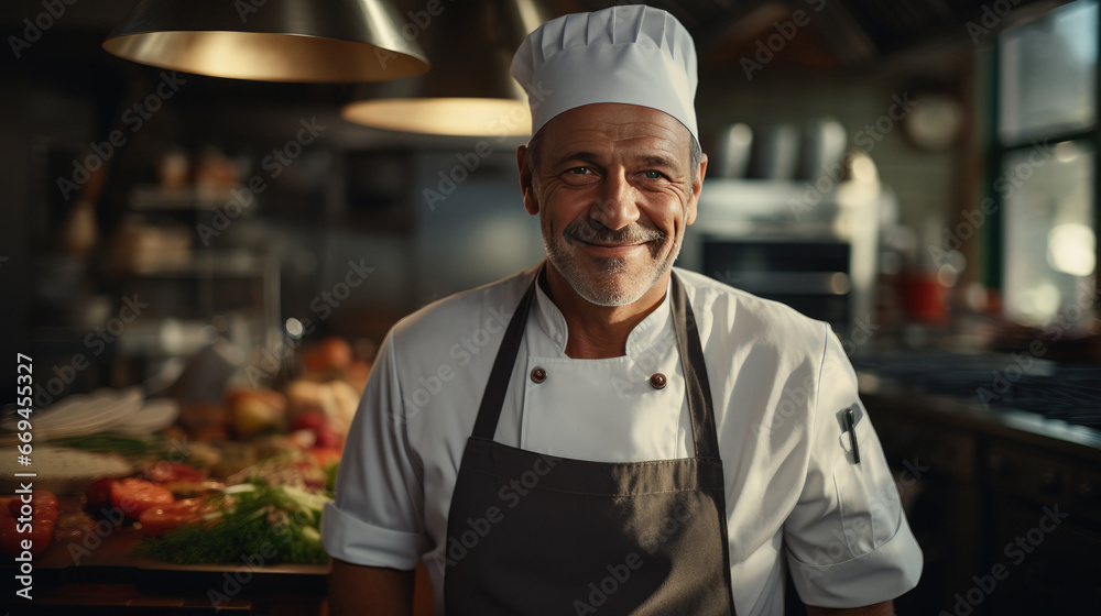 50 year old smiling handsome Europe man, professional chef inside a kitchen