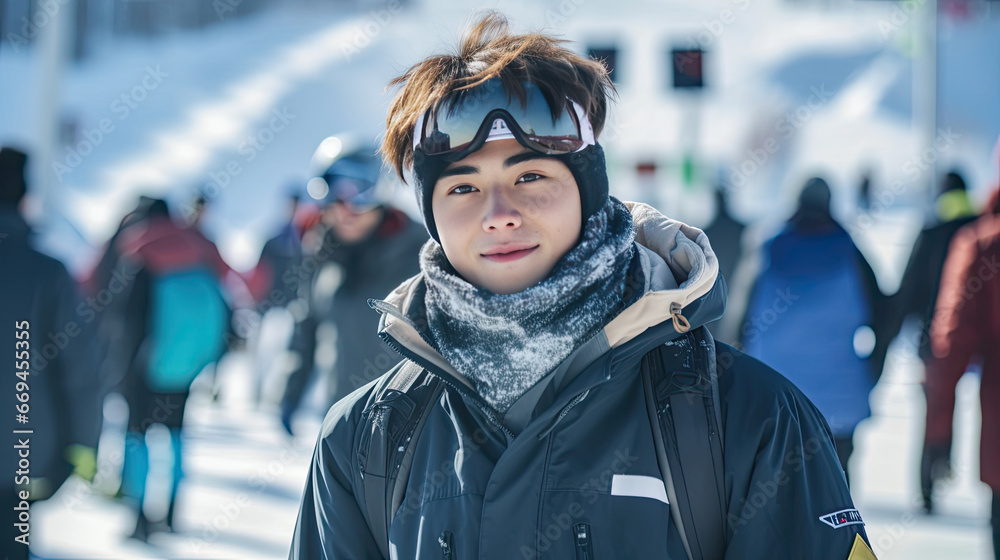 Attractive Asian man wearing ski goggles in ski resort. Attractive Asian man wearing ski goggles in ski resort.