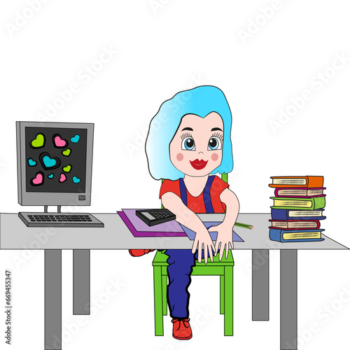 Niña estudiando con libros y ordenador.