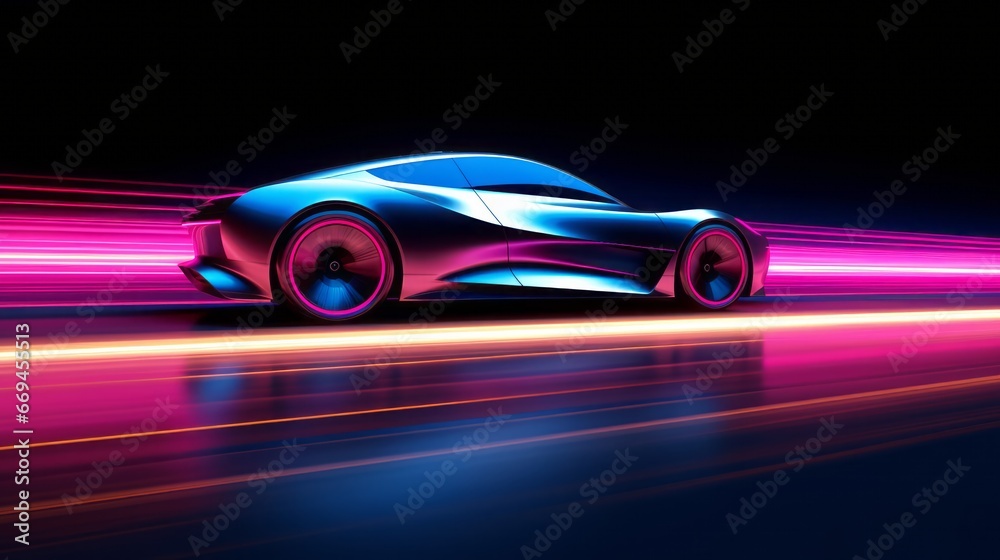 futuristic supercar rush: a sleek vehicle making its mark on an illuminated highway with vivid motion blur