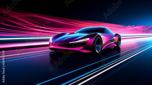 futuristic supercar rush: a sleek vehicle making its mark on an illuminated highway with vivid motion blur