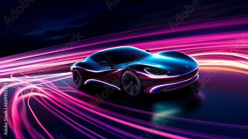 futuristic supercar rush  a sleek vehicle making its mark on an illuminated highway with vivid motion blur