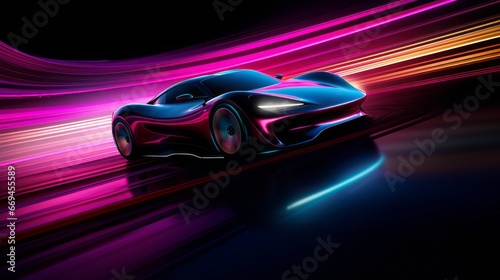 futuristic supercar rush: a sleek vehicle making its mark on an illuminated highway with vivid motion blur