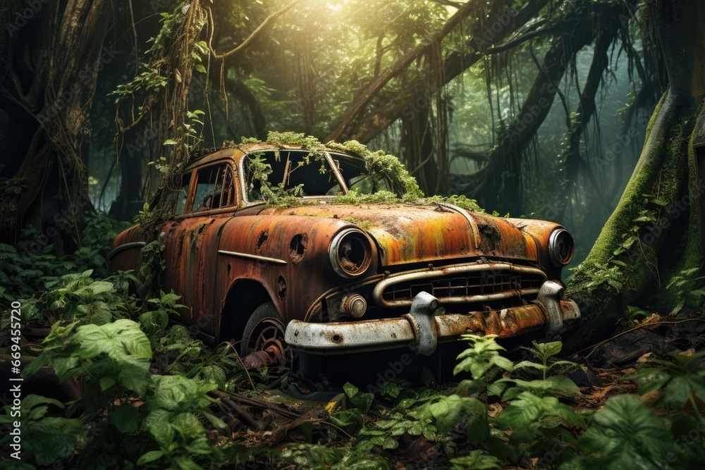 A rusted and abandoned car in the middle of a tree-covered street.
