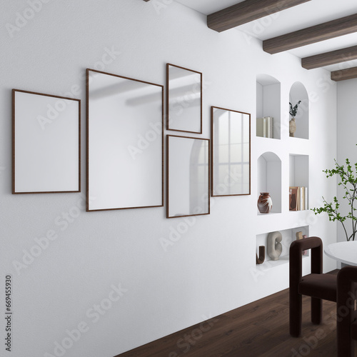 Five vertical frames on white wall in a japandi modern dining room. 5 empty posters mockup template with light reflection. Wall art gallery 3D illustration