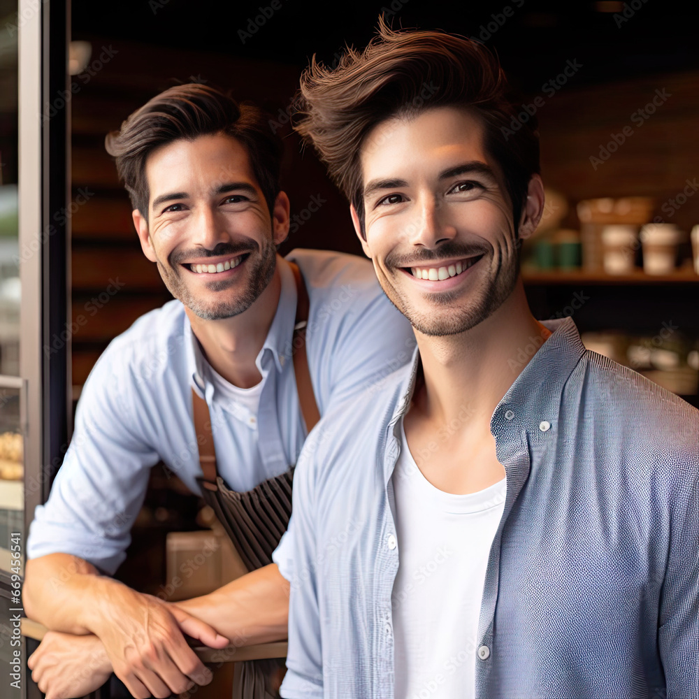 Fototapeta premium Happy owner couple at the door of small store, business concept, generative ai