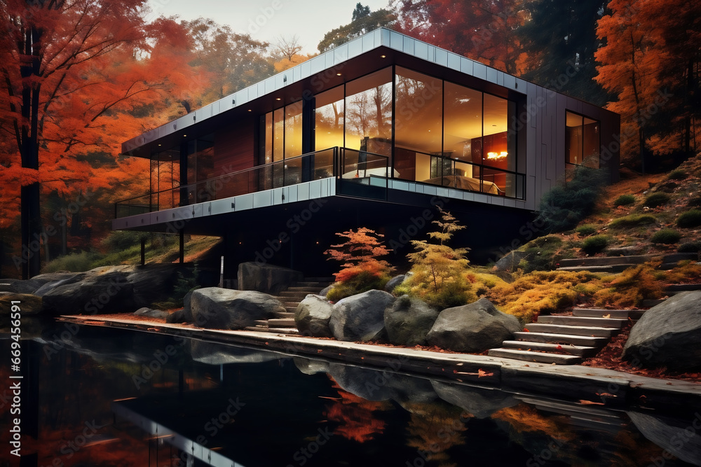 Exterior of a modern luxury house in the middle of autumn forest. AI Generative Exterior of a modern luxury house in the middle of autumn forest. AI Generative