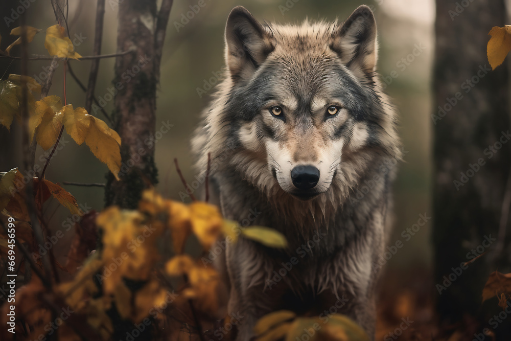 Fototapeta premium Gray wolf in the fall forest. Portrait of a wolf in the autumn forest. AI Generated.