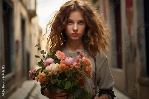 Beautiful young woman with long curly hair holding a bouquet of flowers. AI Generative © Alina
