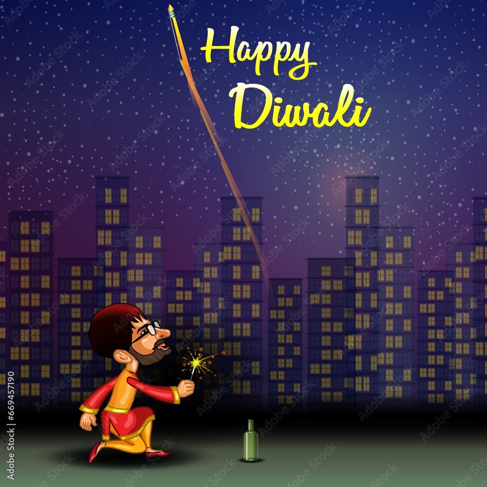 Naklejka premium Happy Diwali celebration background with firework and cityscape.