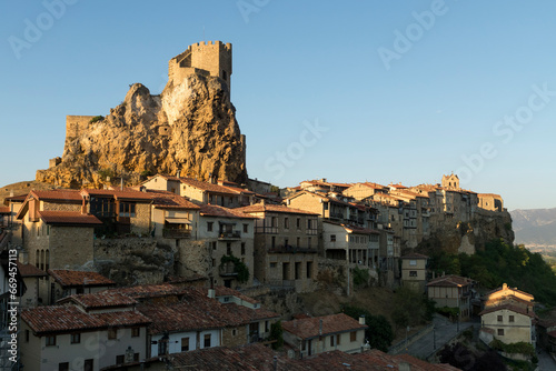 Panoramic view of medieval city of Frias at sunset. Burgos. North of Spain.