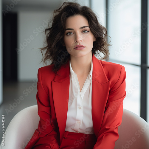 beautiful woman in a red suit