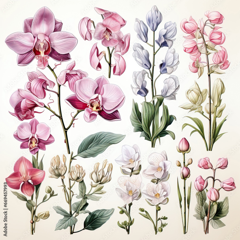 Orchids art scenic set of colorful flowers