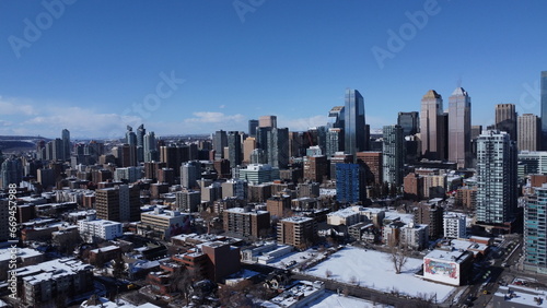 A drone flight between Calgary skyscrapers in winter 
