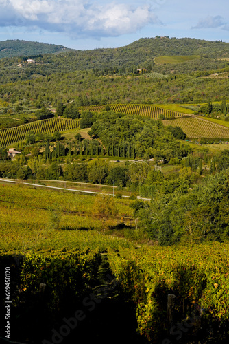 Le colline e i vigneti di Radda in Chianti. Panorama autunnale. Toscana. Italia