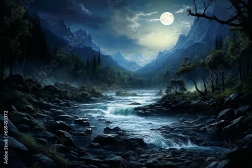 An artwork showing a moonlit river flowing through a wooded valley. Generative AI © Ondina