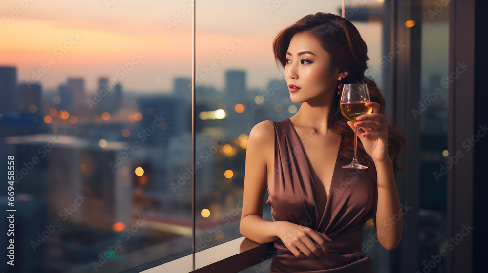 Portrait of beautiful young asian woman holding cocktail rooftop bar with blur bokeh lights at evening - obrazy, fototapety, plakaty 