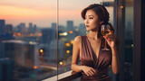 Portrait of beautiful young asian woman holding cocktail rooftop bar with blur bokeh lights at evening