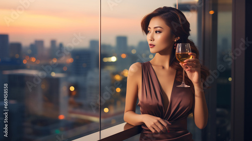 Portrait of beautiful young asian woman holding cocktail rooftop bar with blur bokeh lights at evening photo