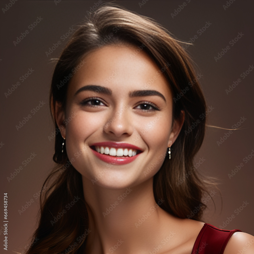 portrait of a smiling woman, closeup isolated on brown background