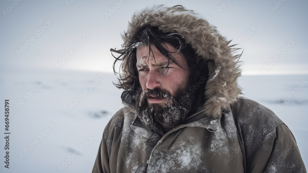 Portrait of good looking man in casual style is freezing on the cold standing in winter park during snow fall Portrait of good looking man in casual style is freezing on the cold standing in winter park during snow fall