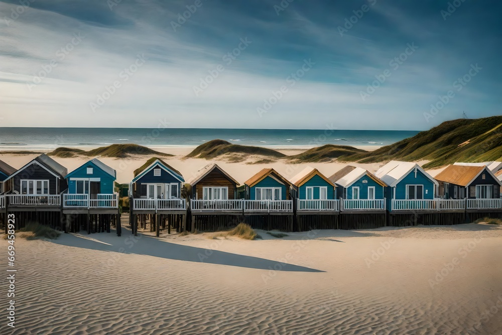 A charming row of bungalows on the beach. A charming row of bungalows on the beach.