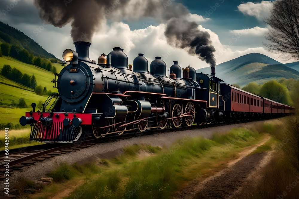 Obraz premium An old-fashioned steam train moving through a rural area.