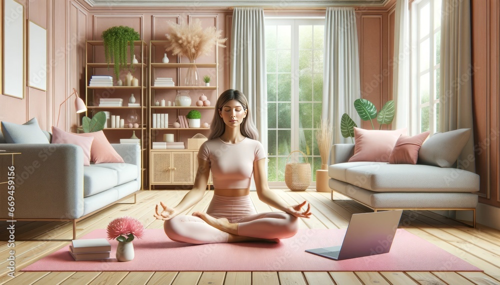 A woman with curly hair in a blue sweater sits on a mat in a lotus position, surrounded by indoor plants A woman with curly hair in a blue sweater sits on a mat in a lotus position, surrounded by indoor plants