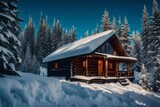 A warm, snow-covered cabin in a magical winter setting.