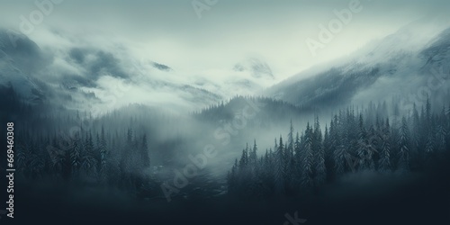 AI Generated. AI Generative. Mist magic snowy mountain range with forest. Fog in the morning landscape background nature. Graphic Art