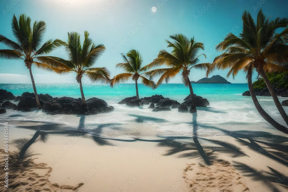 A peaceful shoreline with palm trees that gently move in the wind.