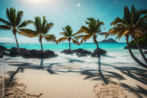 A peaceful shoreline with palm trees that gently move in the wind. © MB Khan