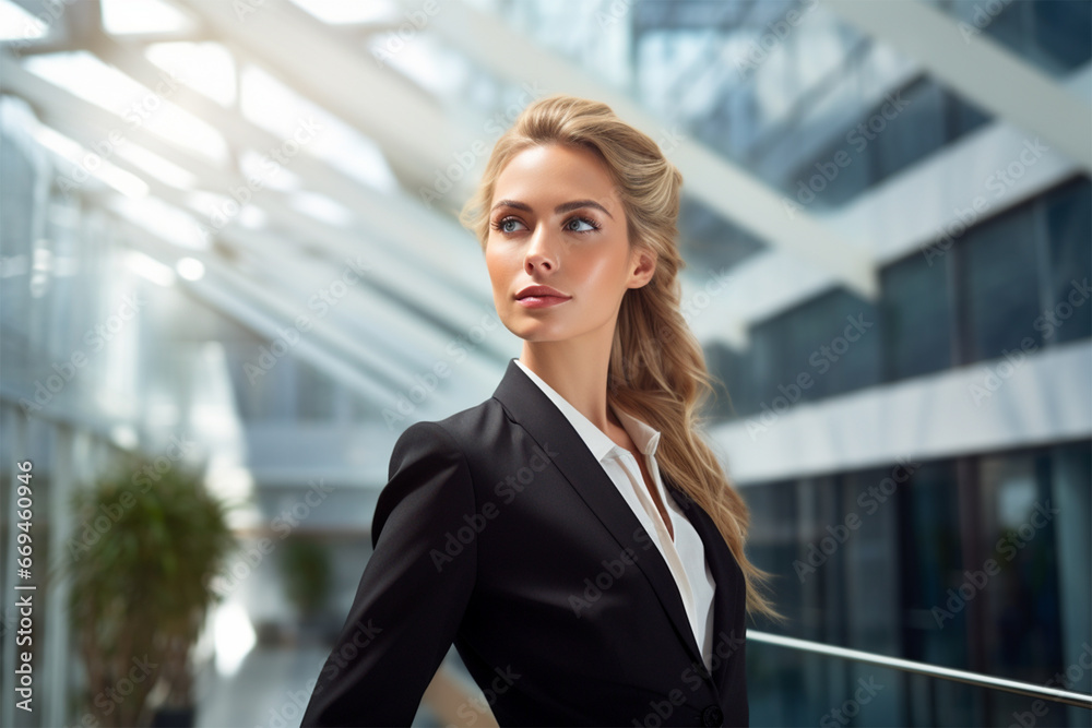 Fototapeta premium Businesswoman stands in a modern office building