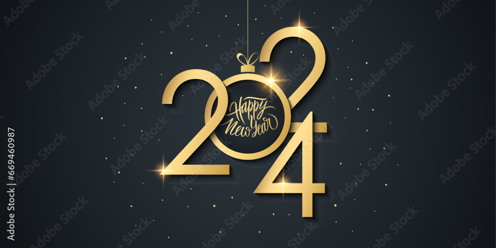 2024 New Year celebration festive banner with handwritten holiday greetings Happy New Year and golden Christmas ball. Glowing lights. Black and gold colors. Vector illustration. - obrazy, fototapety, plakaty 