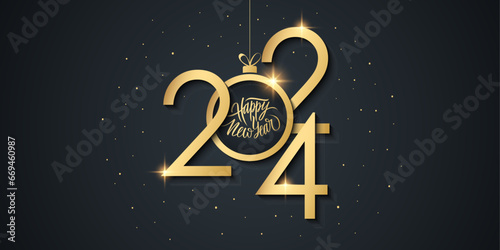 2024 New Year celebration festive banner with handwritten holiday greetings Happy New Year and golden Christmas ball. Glowing lights. Black and gold colors. Vector illustration.
