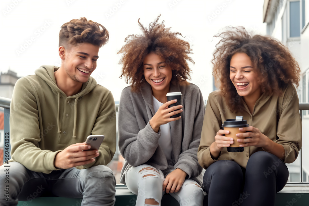 Fototapeta premium Three young individuals sitting on the balcony, holding their smartphones and coffee cups, with an urban setting in the background