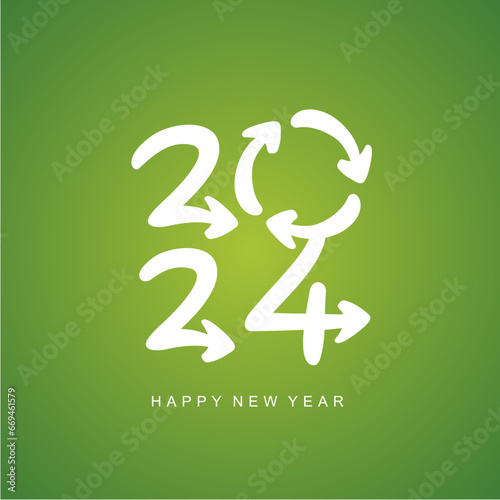Happy New Year 2024 handwritten typography. Success plan for recycling and save earth environment. Ideal for use in the presentation of environment, organic food production, education, green