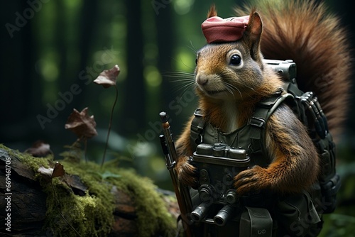 Squirrel in forest with survival gear. Generative AI