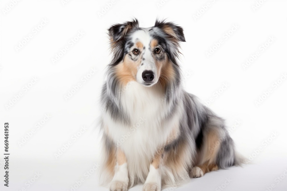 adorable blue merle collie on white. Generative AI