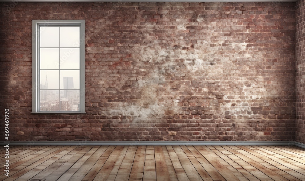 abstract background view of an empty loft space with a large window and an unpainted brick wall abstract background view of an empty loft space with a large window and an unpainted brick wall