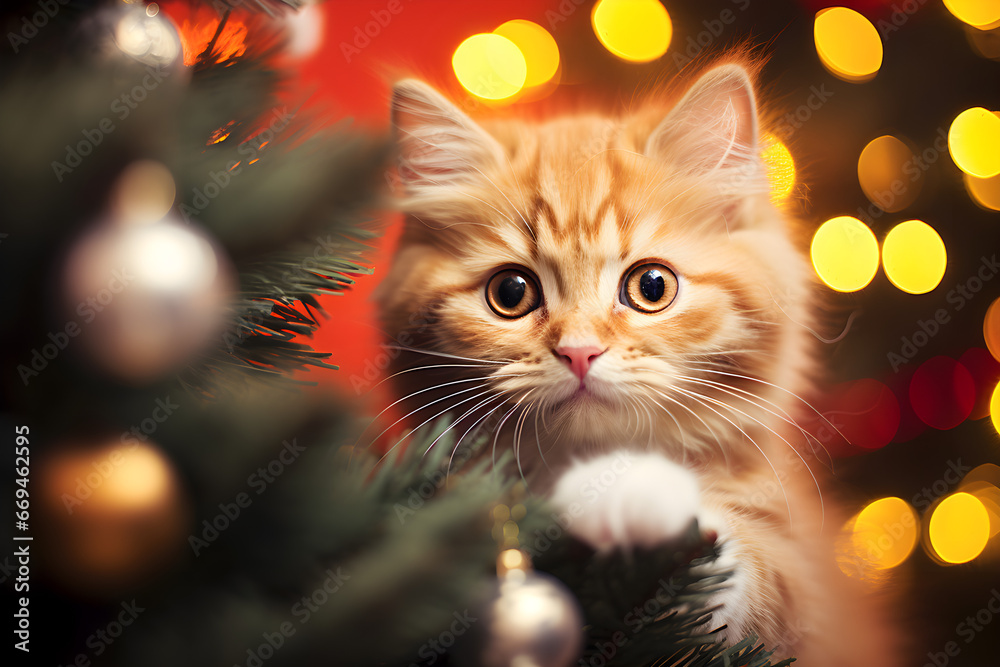 Cute cat in Santa's hat on Christmas tree background Cute cat in Santa's hat on Christmas tree background