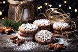Christmas cookies on wooden table background with blurred lights