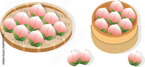 Peach-shaped birthday buns.Longevity PEACH STEAMED BUNS.Vector.