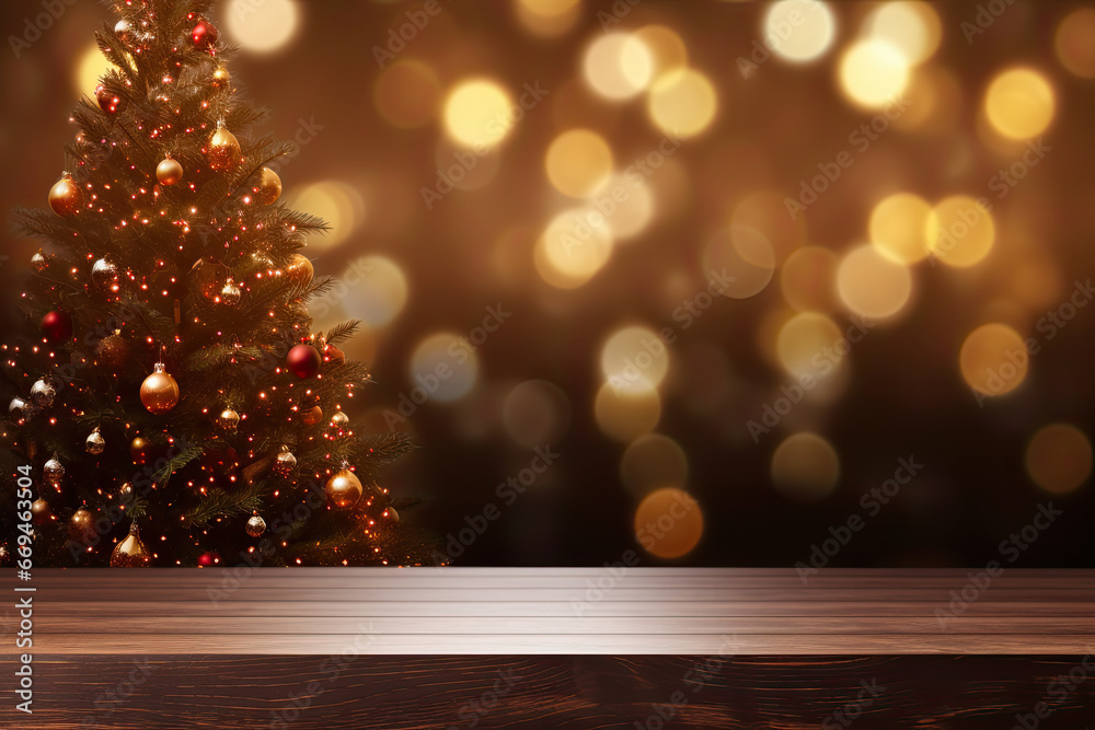 empty wooden table with christmas theme in background empty wooden table with christmas theme in background