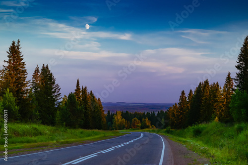 evening road with moon in the sky