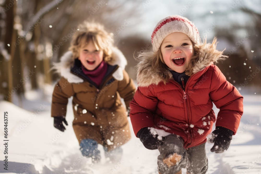 A Winter Wonderland: Children Laughing and Sledding Down Snow-Covered Hills in a Park Decorated for Christmas A Winter Wonderland: Children Laughing and Sledding Down Snow-Covered Hills in a Park Decorated for Christmas