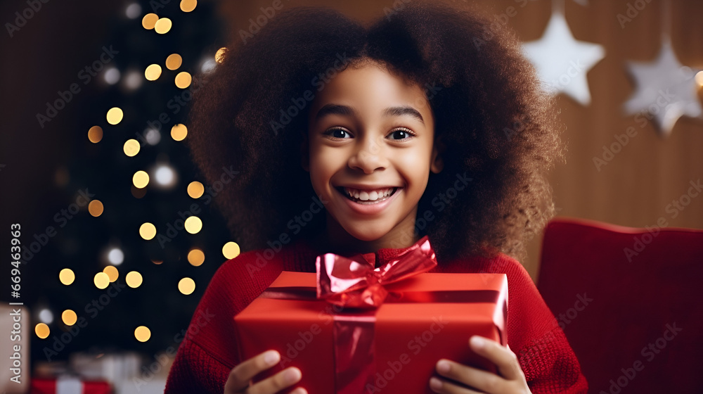 black cute girl sitting in the sofa in the living room, unboxing a christmas present black cute girl sitting in the sofa in the living room, unboxing a christmas present