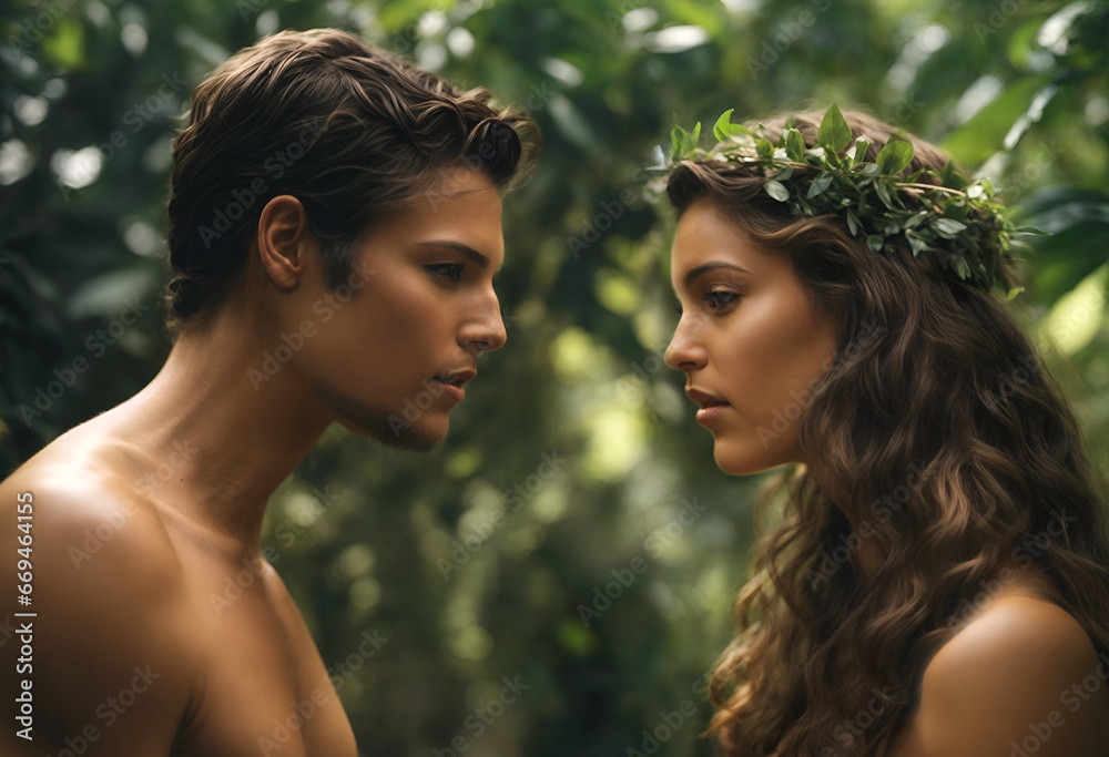 Adam and Eve in paradise. Religious biblical concept. - obrazy, fototapety, plakaty 