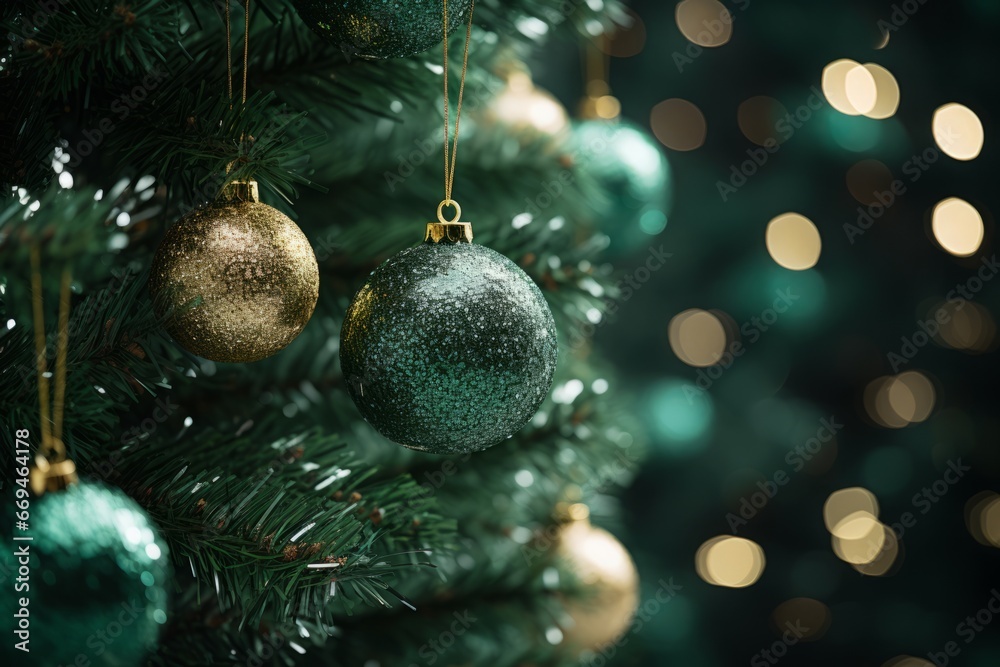 A Close-up View of a Shimmering Tinsel Strand Adorning a Lush Green Christmas Tree, Capturing the Essence of Holiday Spirit