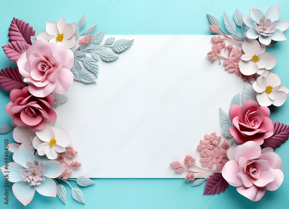 A blank piece of paper with flowers and flowers on a light blue background A blank piece of paper with flowers and flowers on a light blue background